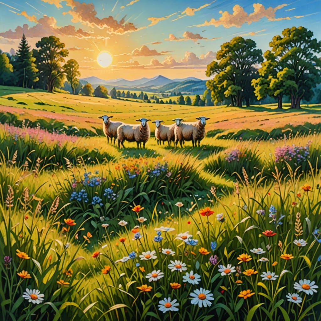 Idyllic Bavarian Meadow in Golden Hour Oil Painting