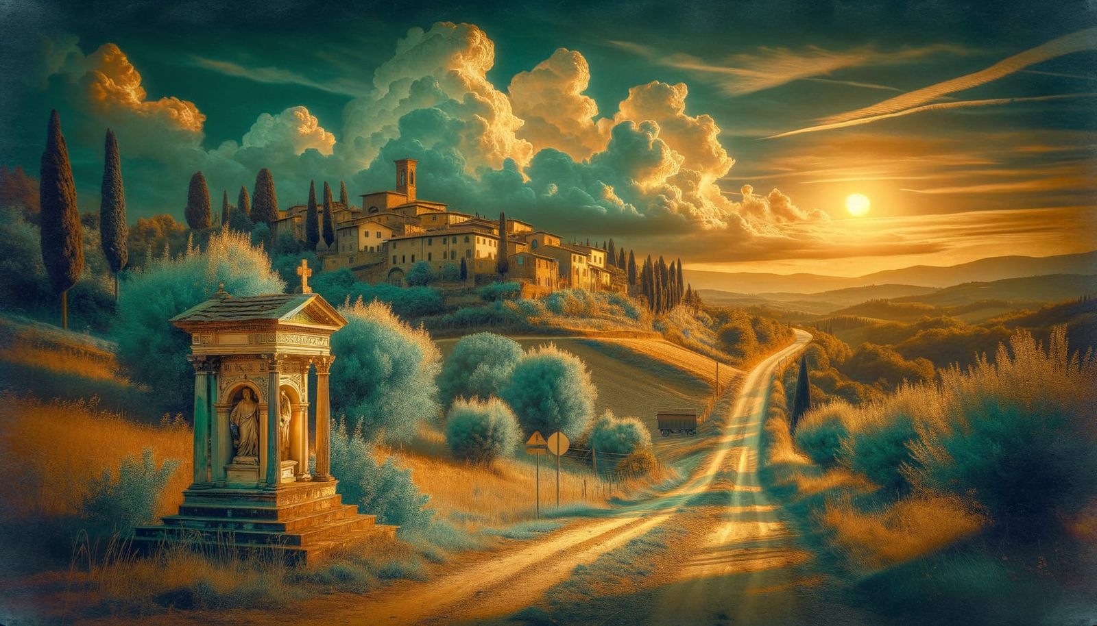 Florentine Village at Sunset with Greek Shrine