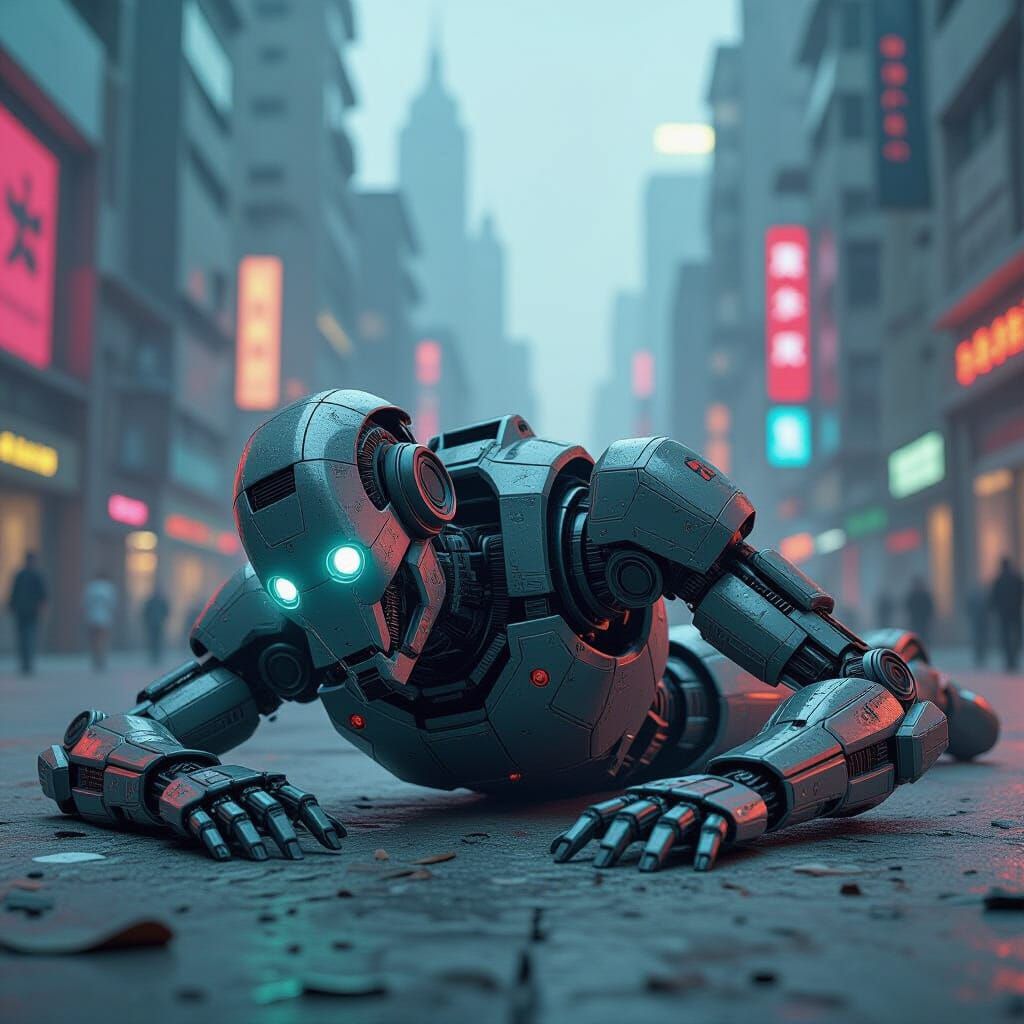 Tattered Robot in Metropolis: Hyperrealistic Dystopian Art