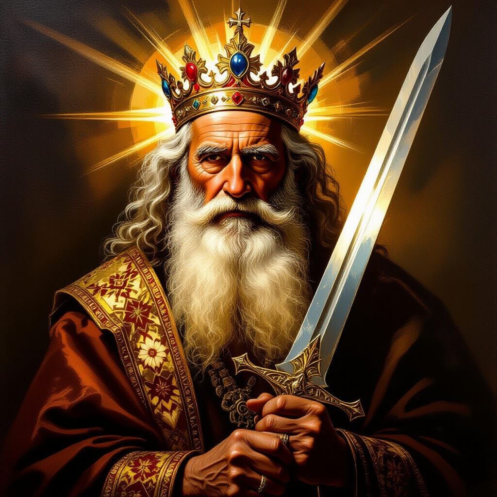 Righteous Jewish Man with Crown and Sword in Classical Oil S...