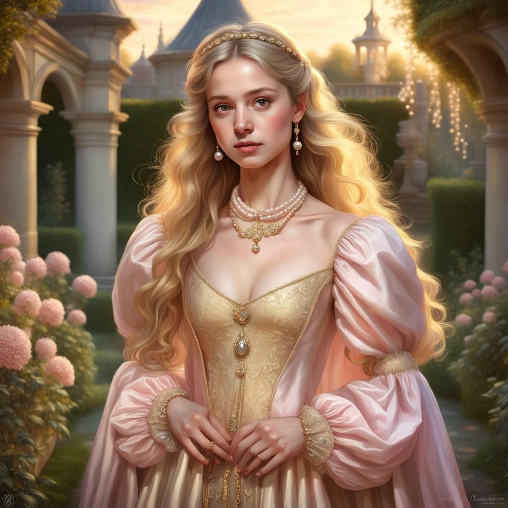 Renaissance Girl with Golden Dress and Pearl Jewelry