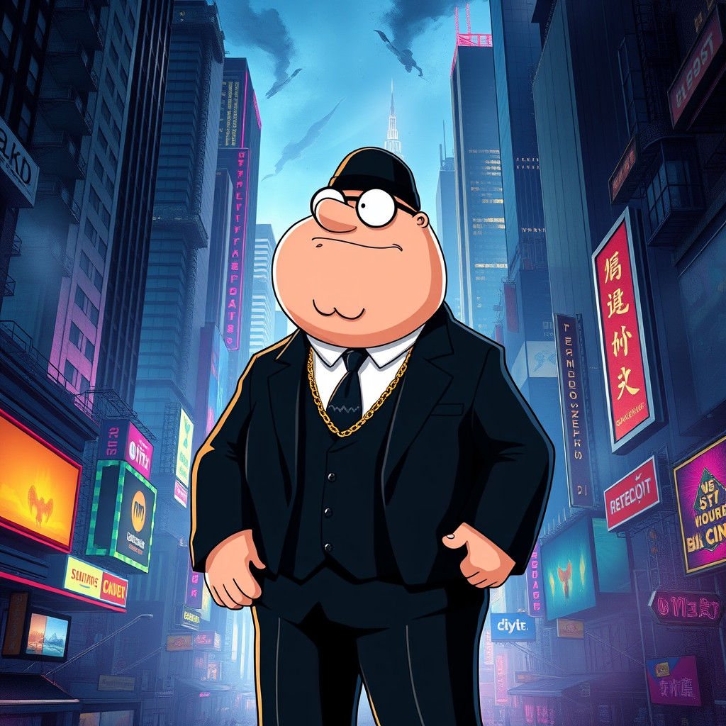 Peter Griffin in Cyberpunk Cityscape, Digital Art