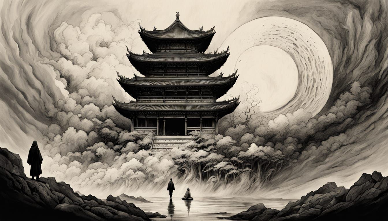 Taoist Monk Contemplates Void in Japanese Ink Wash Style