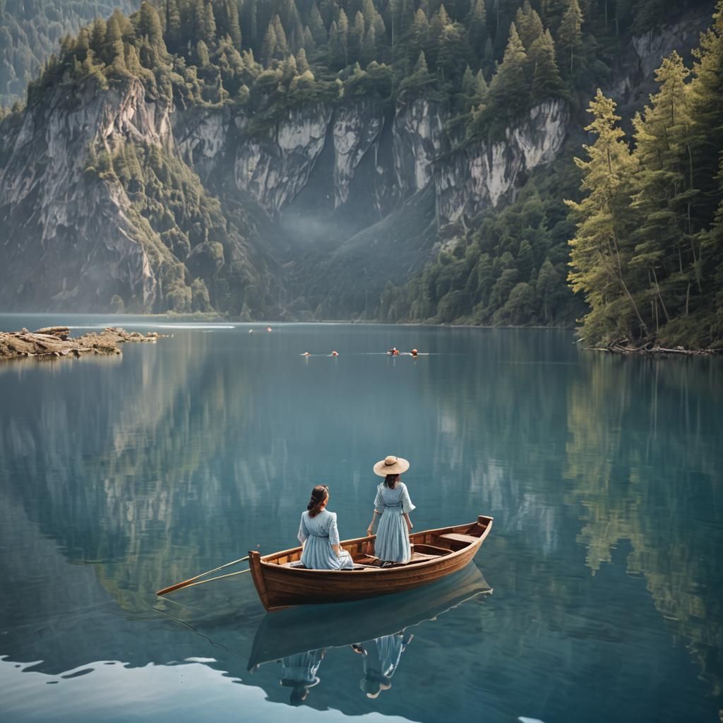 Woman in Boat Drifting on Blue Lake