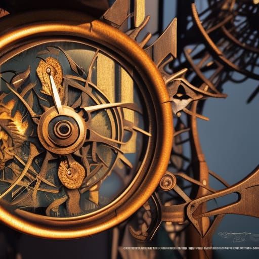 Emerald Cuckoo Clock with Metallic Gears: Digital Art