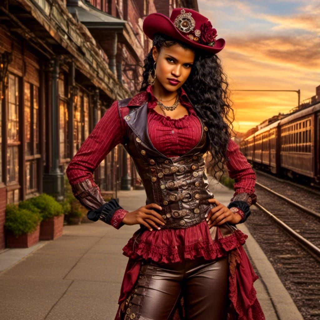 Steampunk Portrait at Train Station Sunset