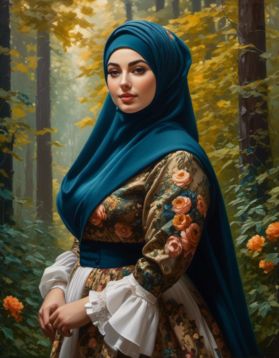 Victorian Woman with Facemask in Mystic Forest