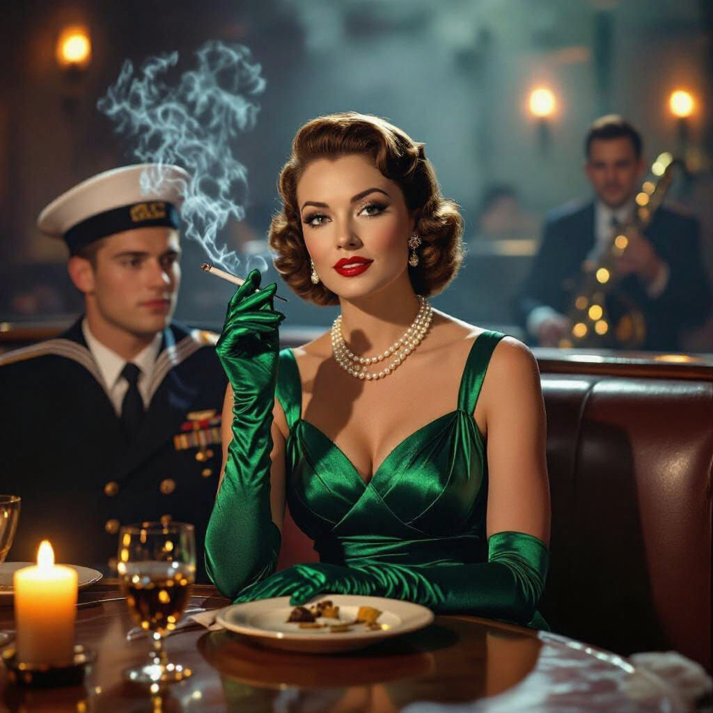 Glamorous 1950s Woman with Sailor in Jazz Club