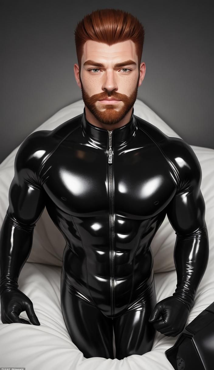 Muscular Ginger Man Asleep in Shiny Rubber Catsuit