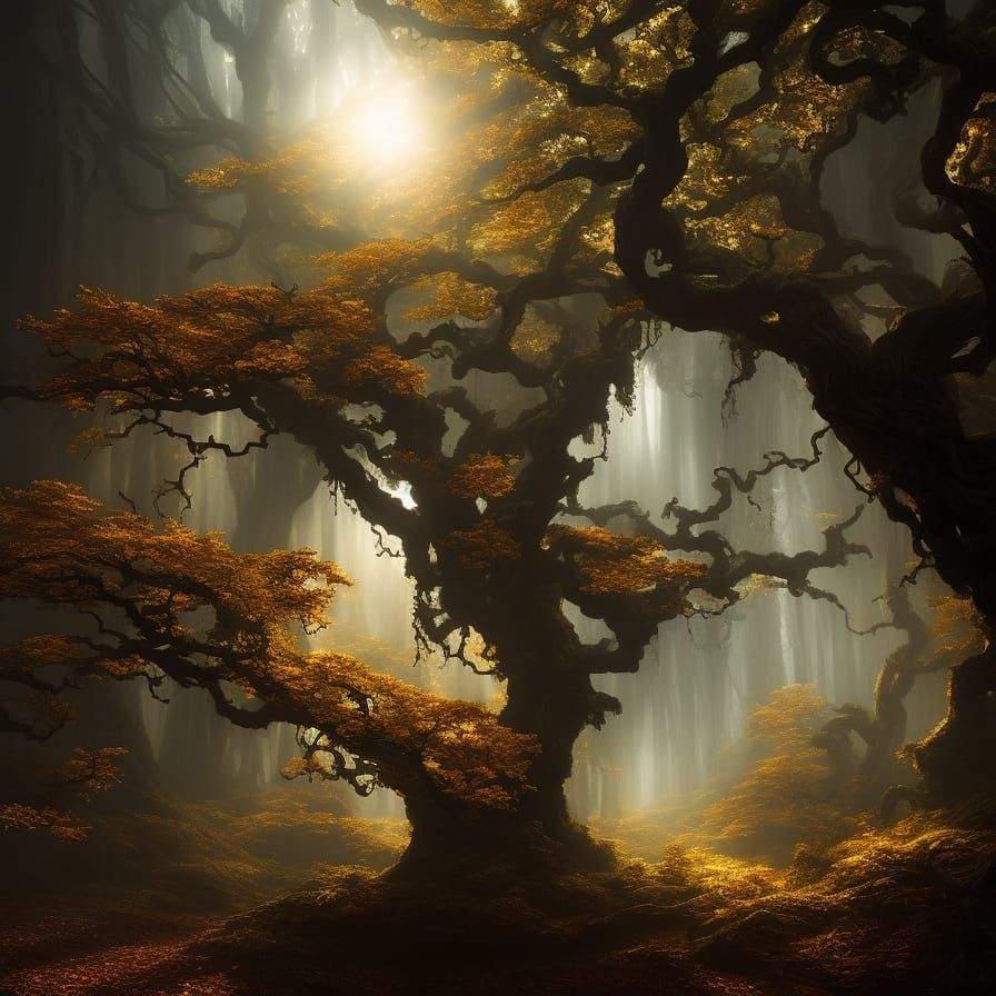 Mystical Fantasy Tree with Glowing Mist