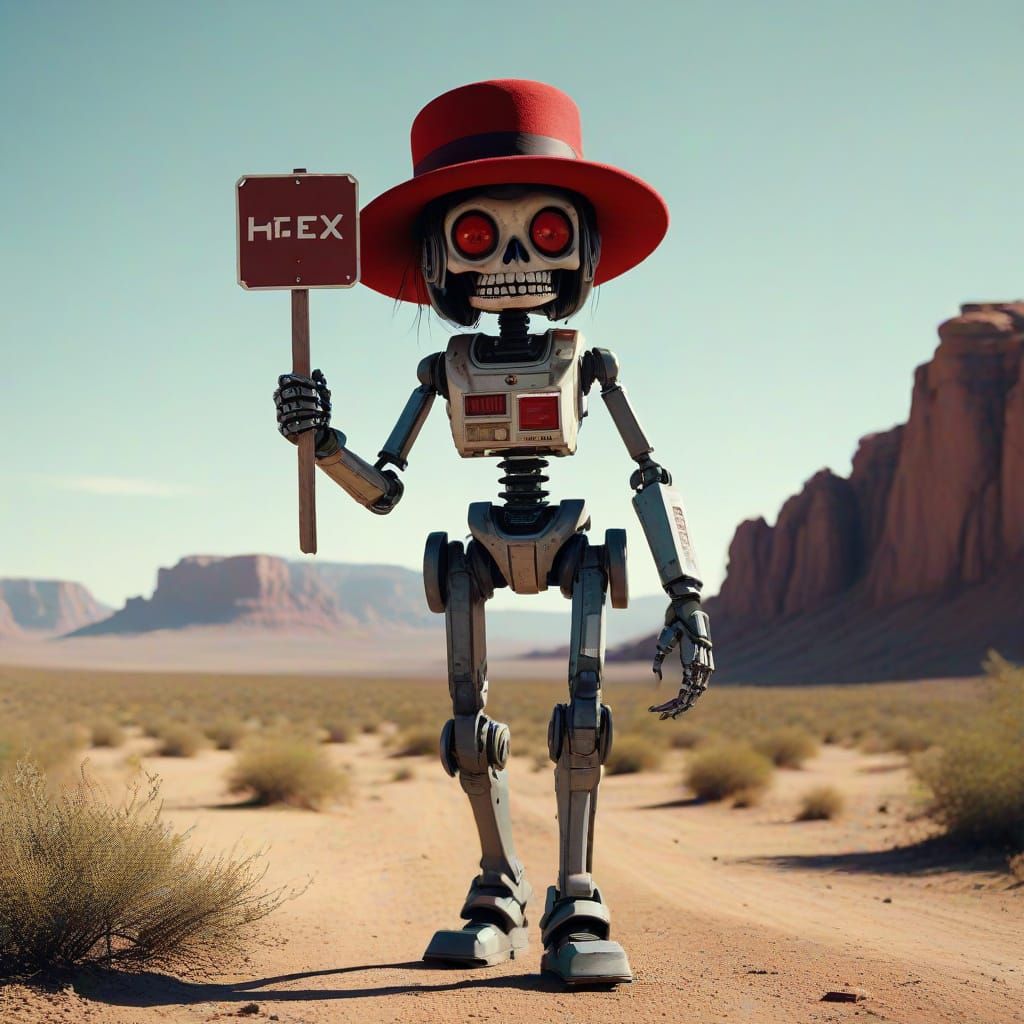 Surreal Robot Battles Zombie in Desert Post-Apocalypse, Vint...