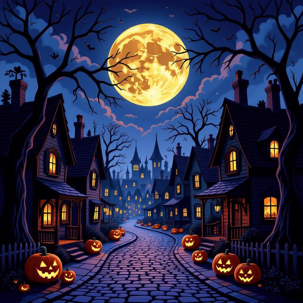 Whimsical Halloween Village Aglow with Jack-o'-Lanterns