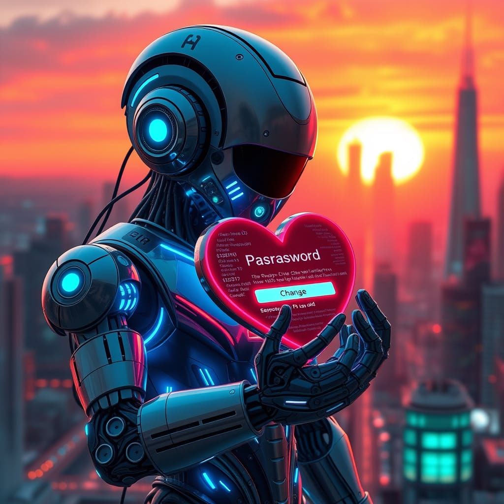 Futuristic Robot Reveals Password Change Prompt in Neon City...