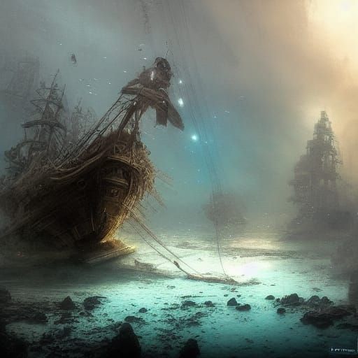 Sunken Ship Treasure in Underwater Ruins