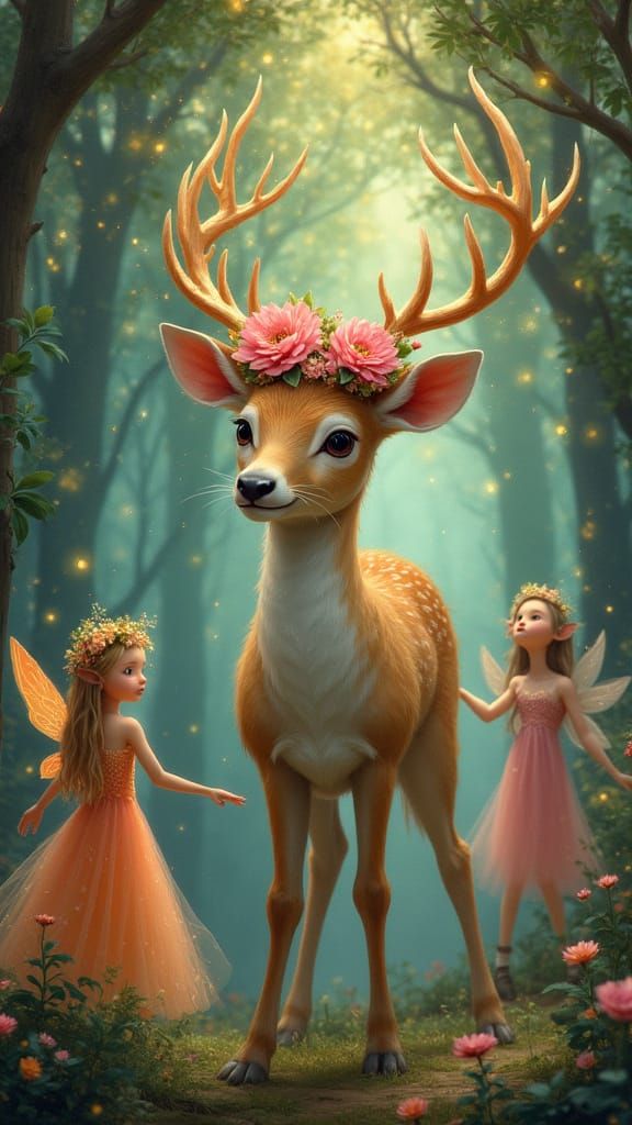 Enchanted Deer with Pixies in Fairy Forest