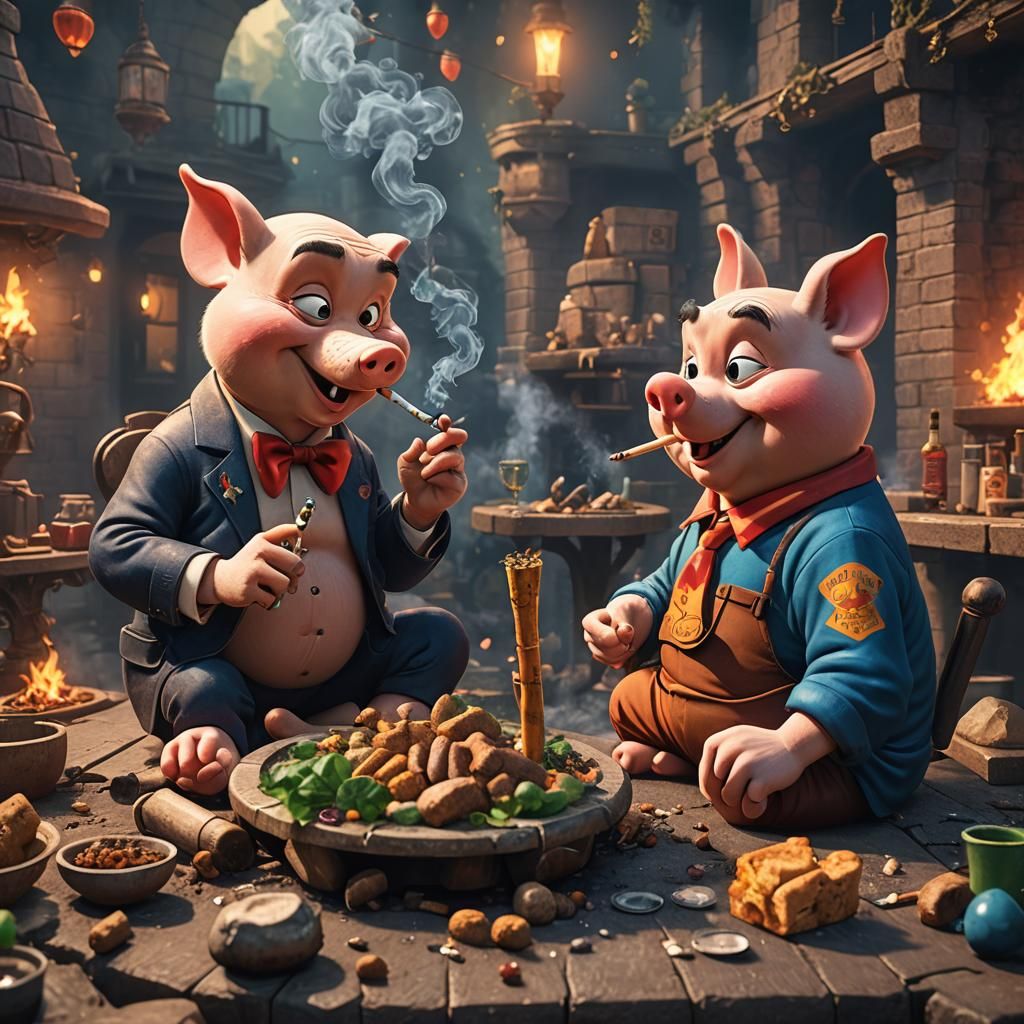 Porky Pig Smoking a Joint in Detailed Matte Painting