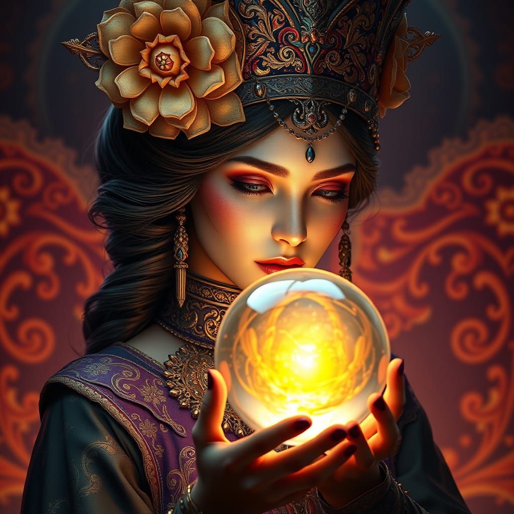 Mystical Woman Contemplating Destiny in Vibrant Realism