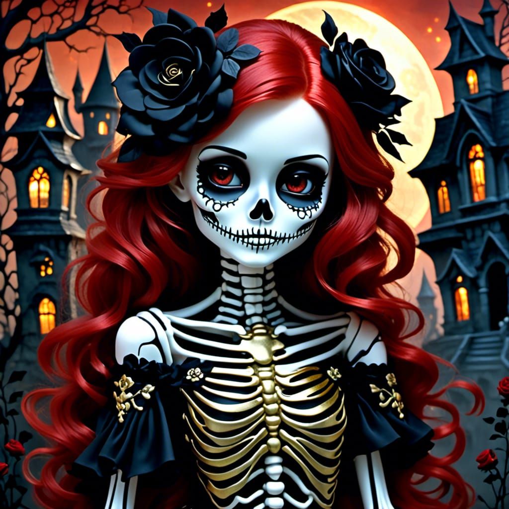 Skeleton Girl with Roses and Scary House