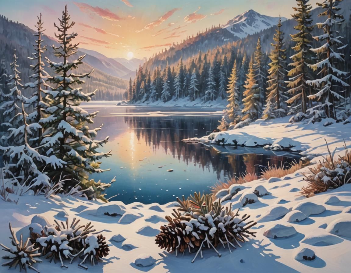 Serene Winter Mountain Valley in Vibrant Oil Painting