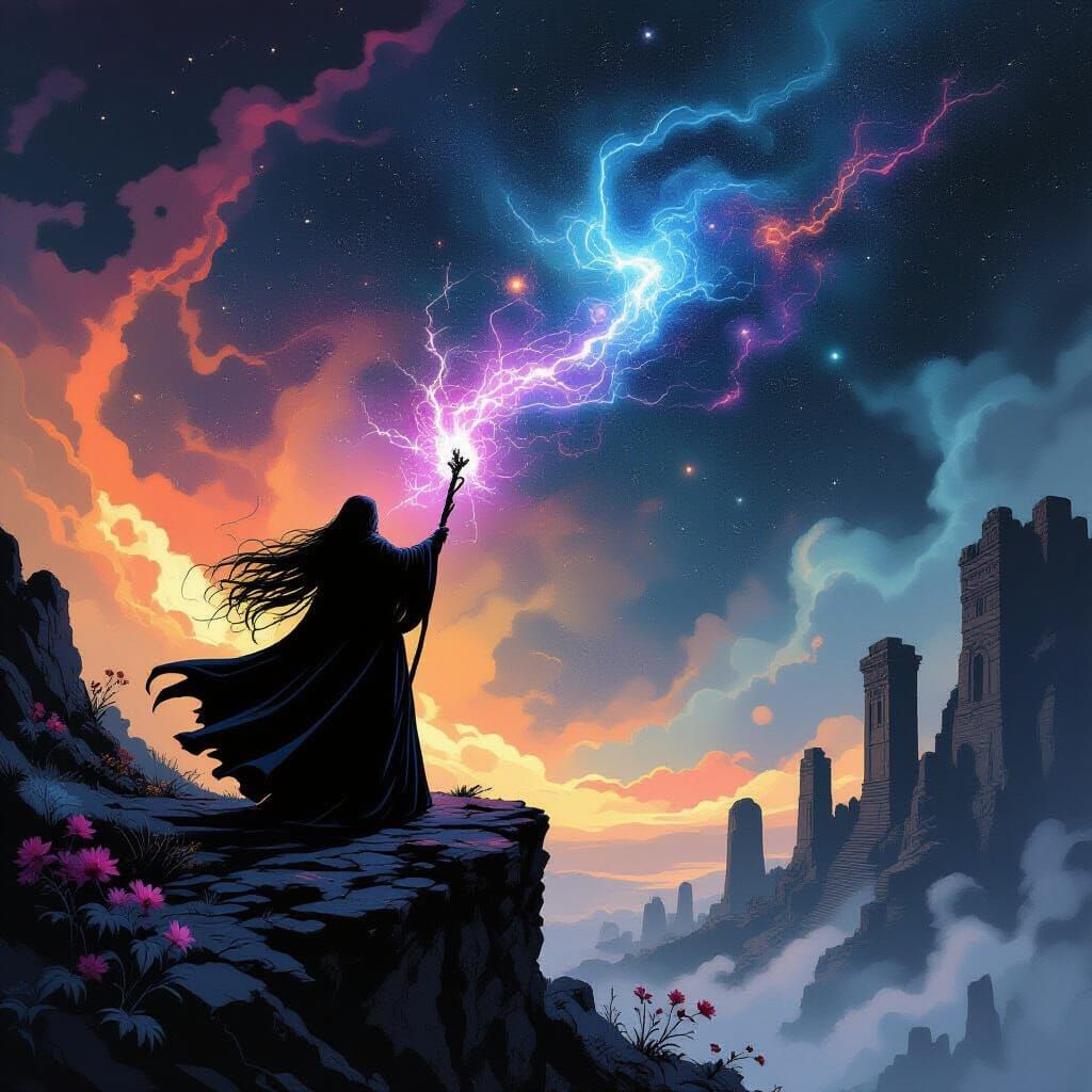 Sorceress and Cosmic Nebula in Comic Book Style