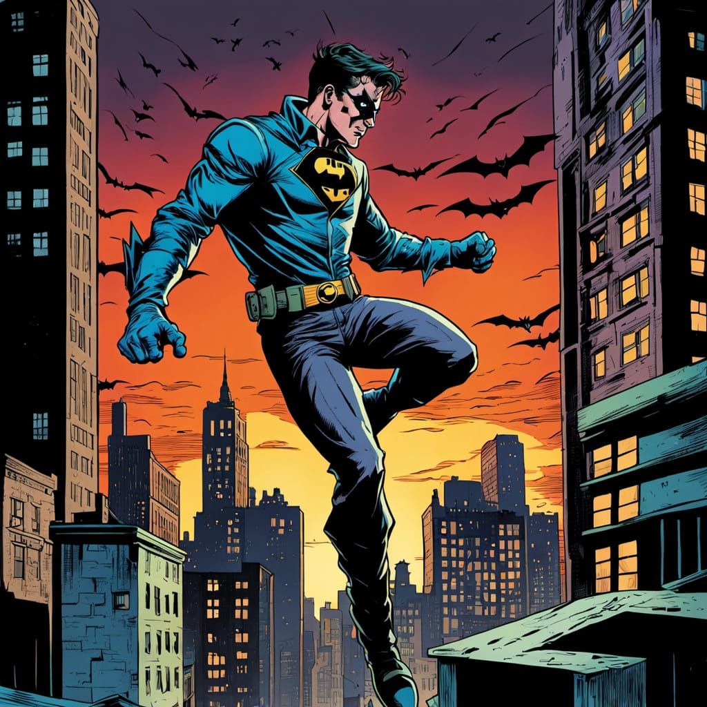 Robin Skywalks Across Gotham in Vibrant Comic Art Style