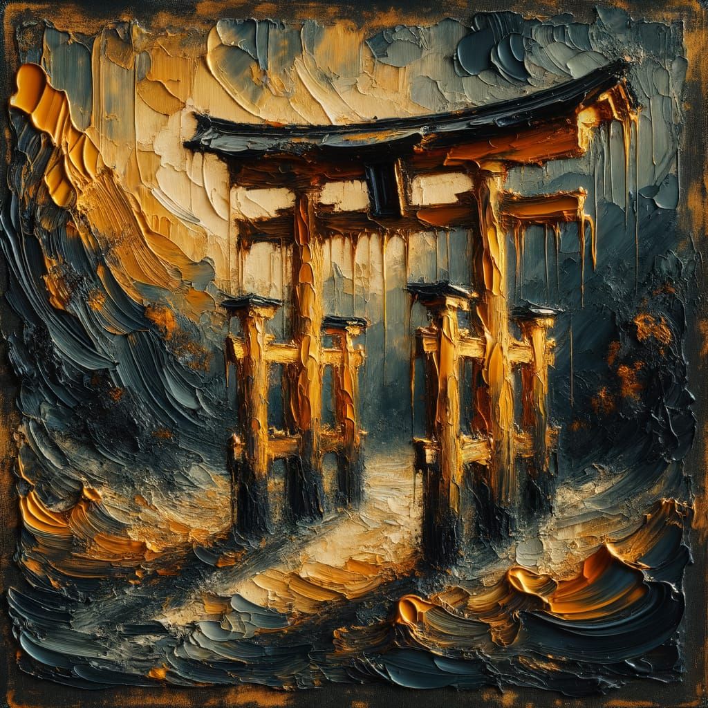 Golden Torii Gate Encaustic Painting in Expressionist Style