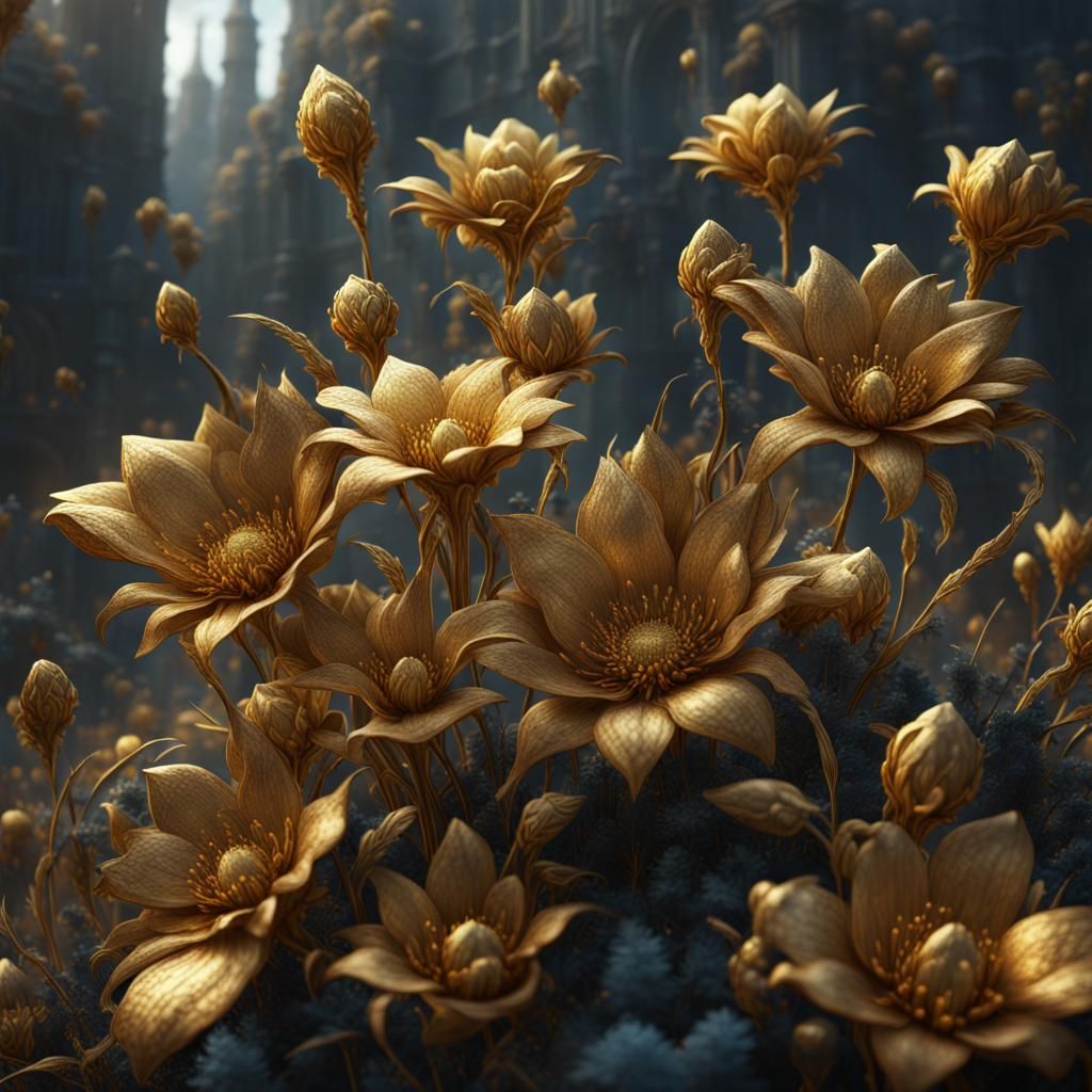 Detailed Gold Flowers Matte Painting in 8k