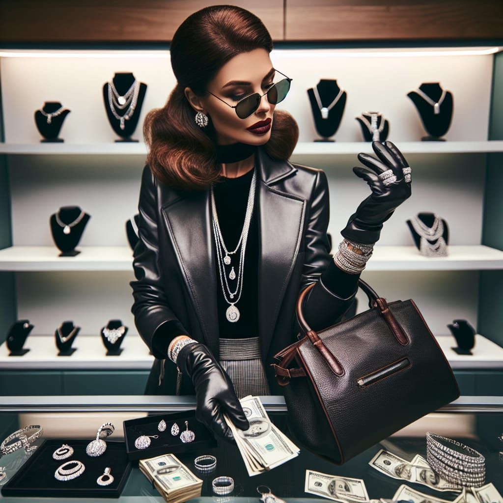 Woman Robbing Jewelry Store in Leather Outfit