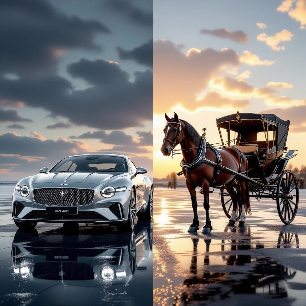 Luxury Car Meets Horse Carriage in Cinematic Style