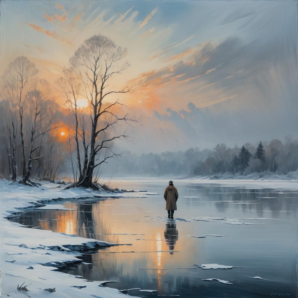 Lone Figure at Frozen Lake: Oil Painting in Triadic Colors