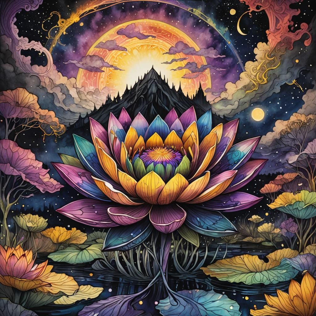 Rainbow Lotus in Dark Gothic Ink Wash Painting