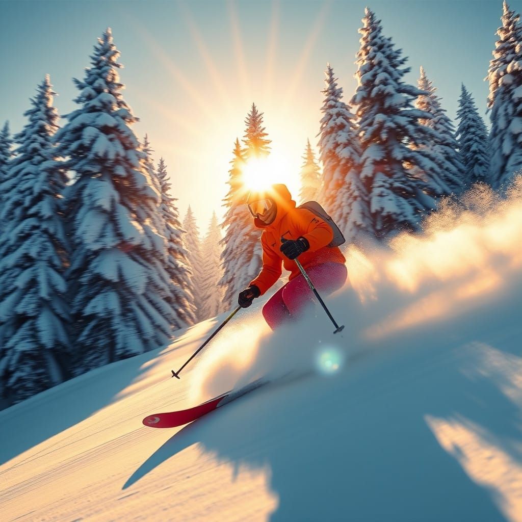 High-Speed Skier Descends Snowy Hill in Vibrant, Cinematic S...