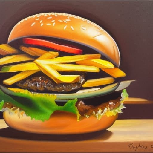 Burger and Fries in Abstract Oil Painting