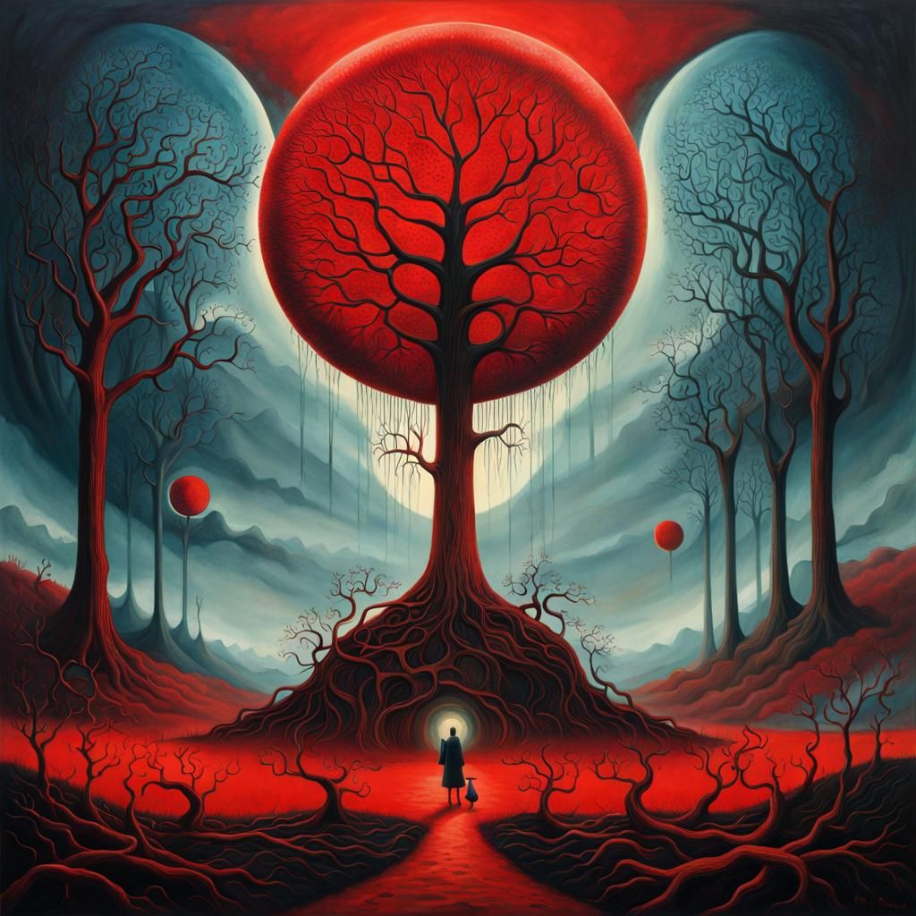Surreal Red Tree in Brutalist Horror Style