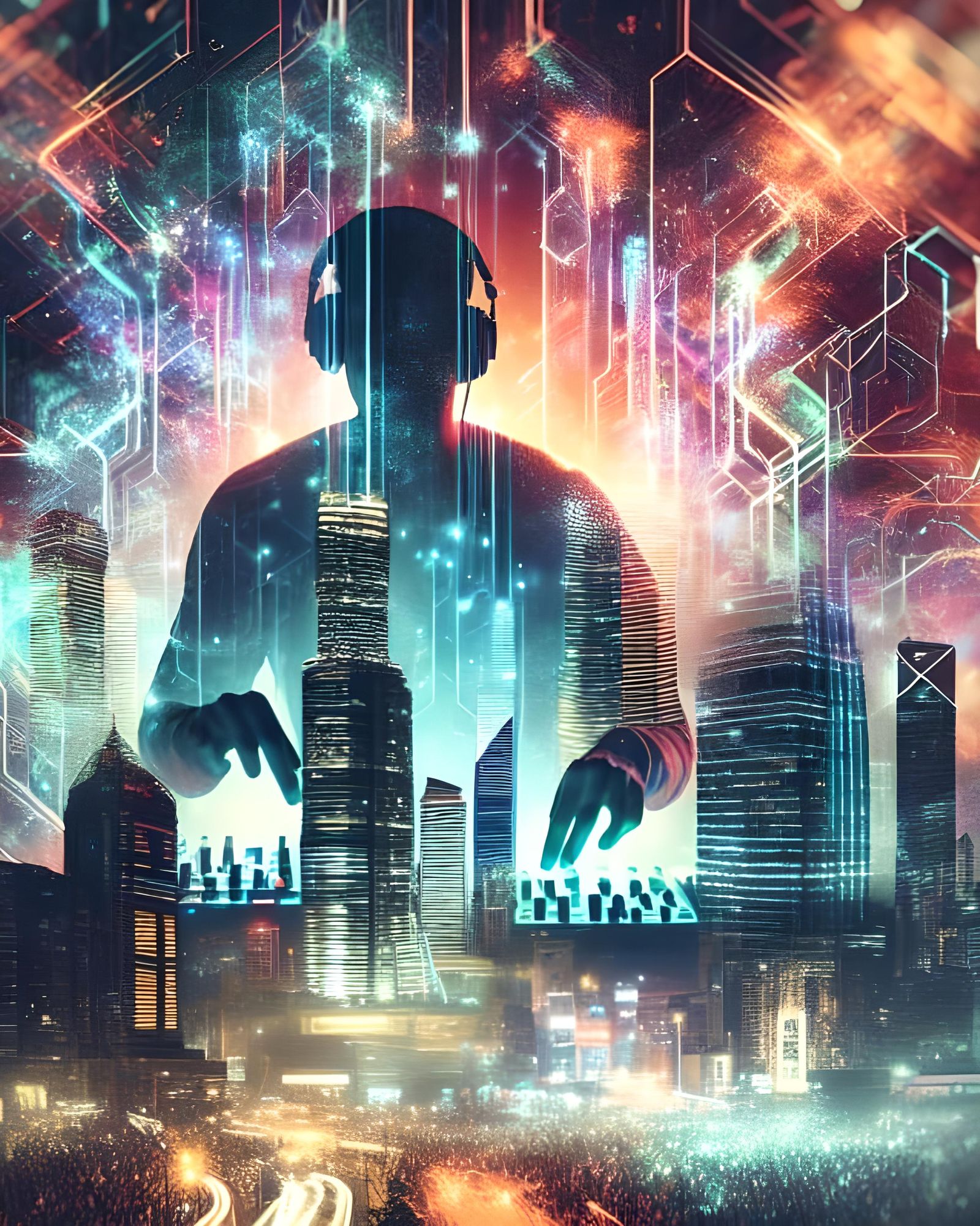 Abstract Club Scene with Cityscape Overlay