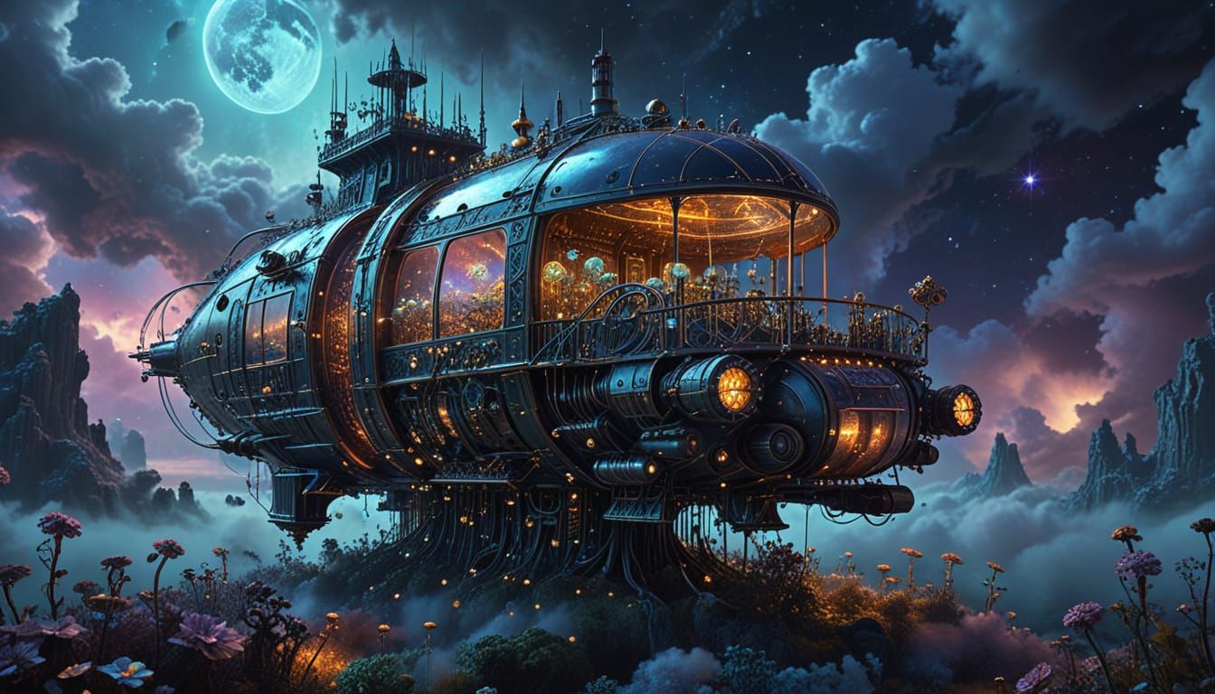 Ethereal Synthesizer Dreamscape in Steampunk Cosmic Art
