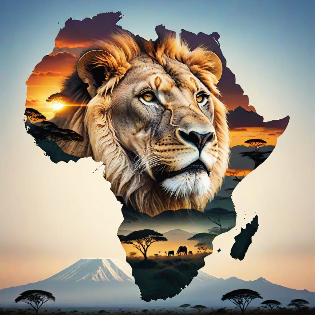 African Landscape with Roaring Lion