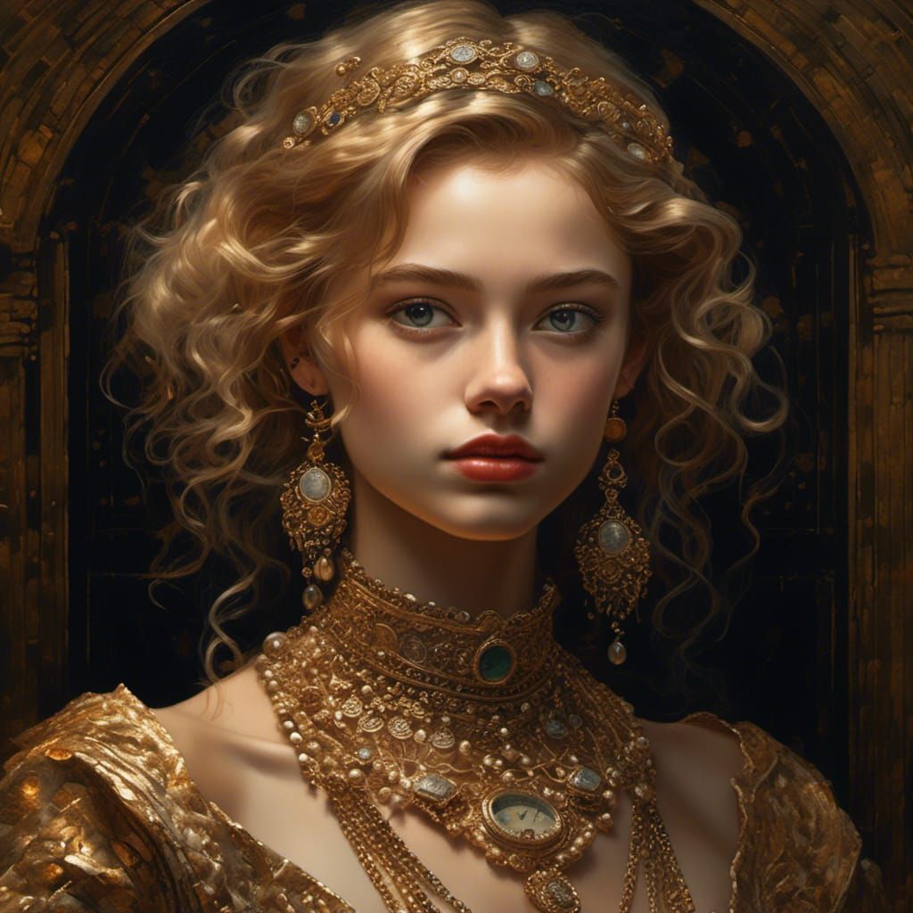Elegant Woman Portrait with Jewelry, Oil Painting Style