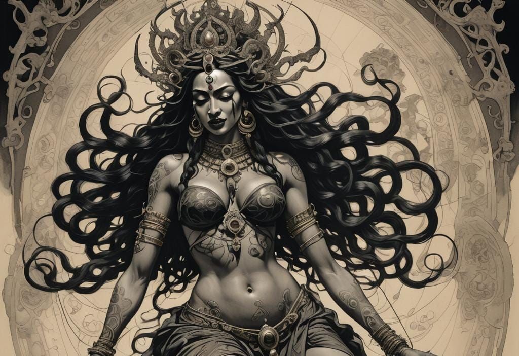 Sensual Kali Goddess Unfolds from Cosmic Threads in Dark Cha...