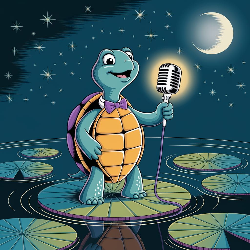 Singing Turtle in Moonlit Pond Fantasy Illustration