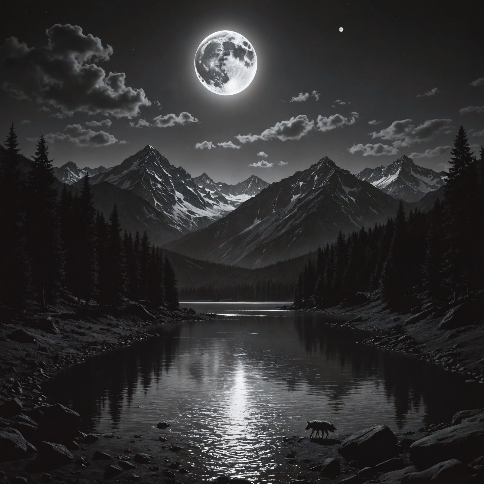 Mountain Lake and Howling Wolf in Charcoal