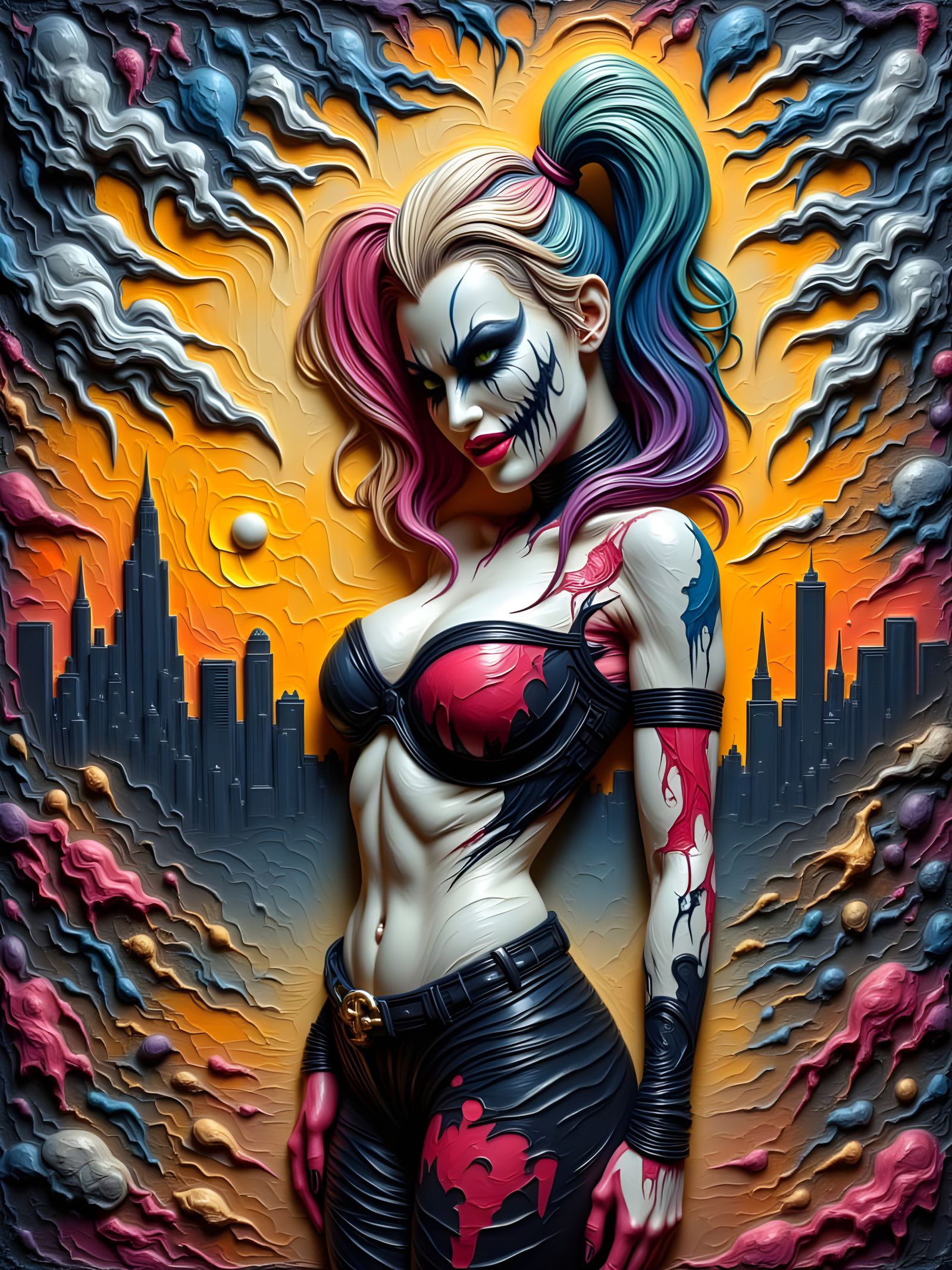 Cyberpunk Encaustic Painting of Harley Quinn in Night City