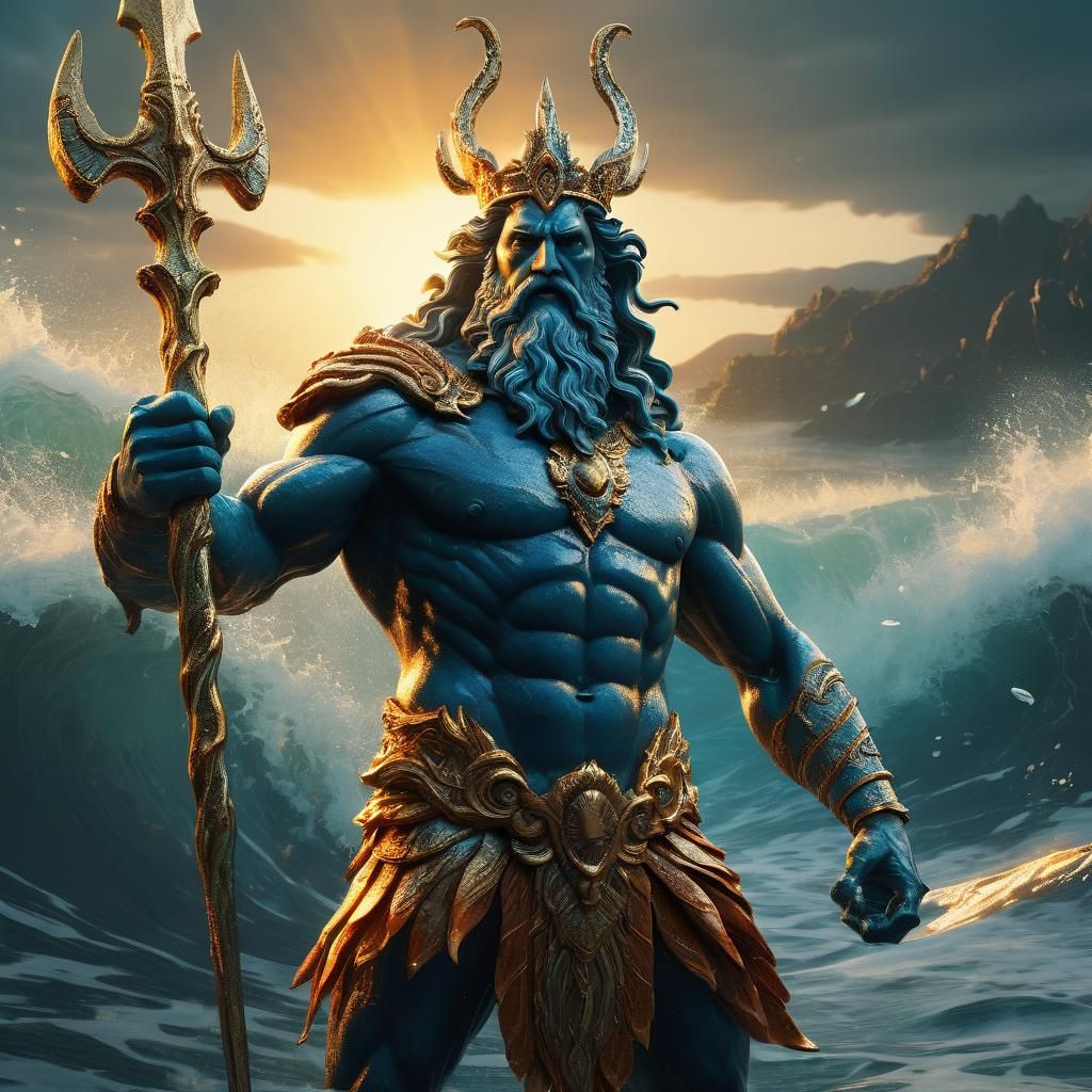 Poseidon Emerges from the Ocean in Golden Light