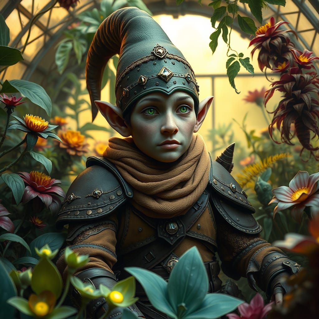Ethereal Gnome Seeks Secrets in Lush Greenhouse