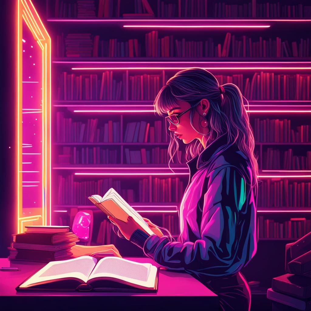 Girl Reading in Synthwave Neon Retro Library