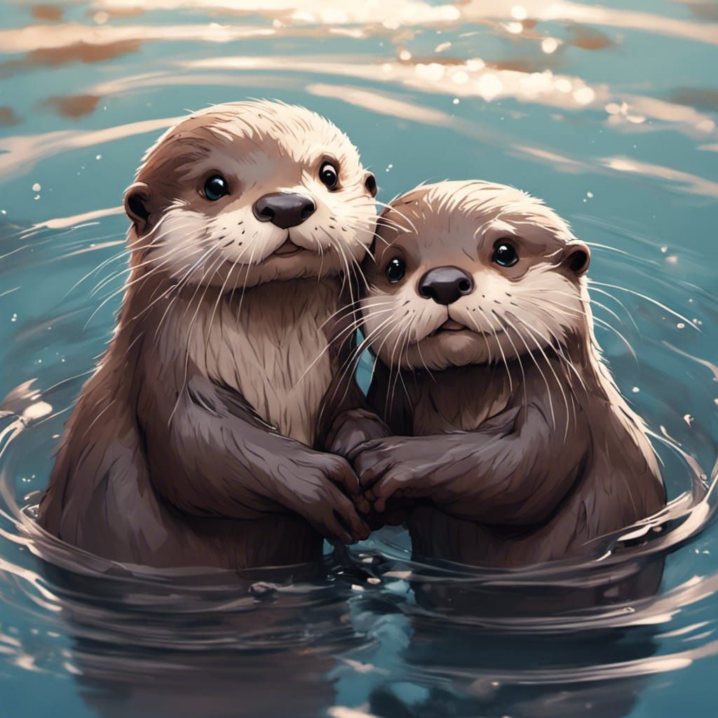 Kawaii Otters Holding Hands: Anime Style