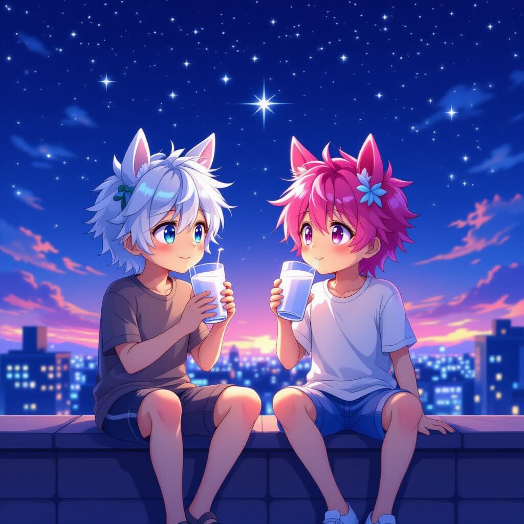 Anime Boys with Horse Ears Gaze at Falling Stars