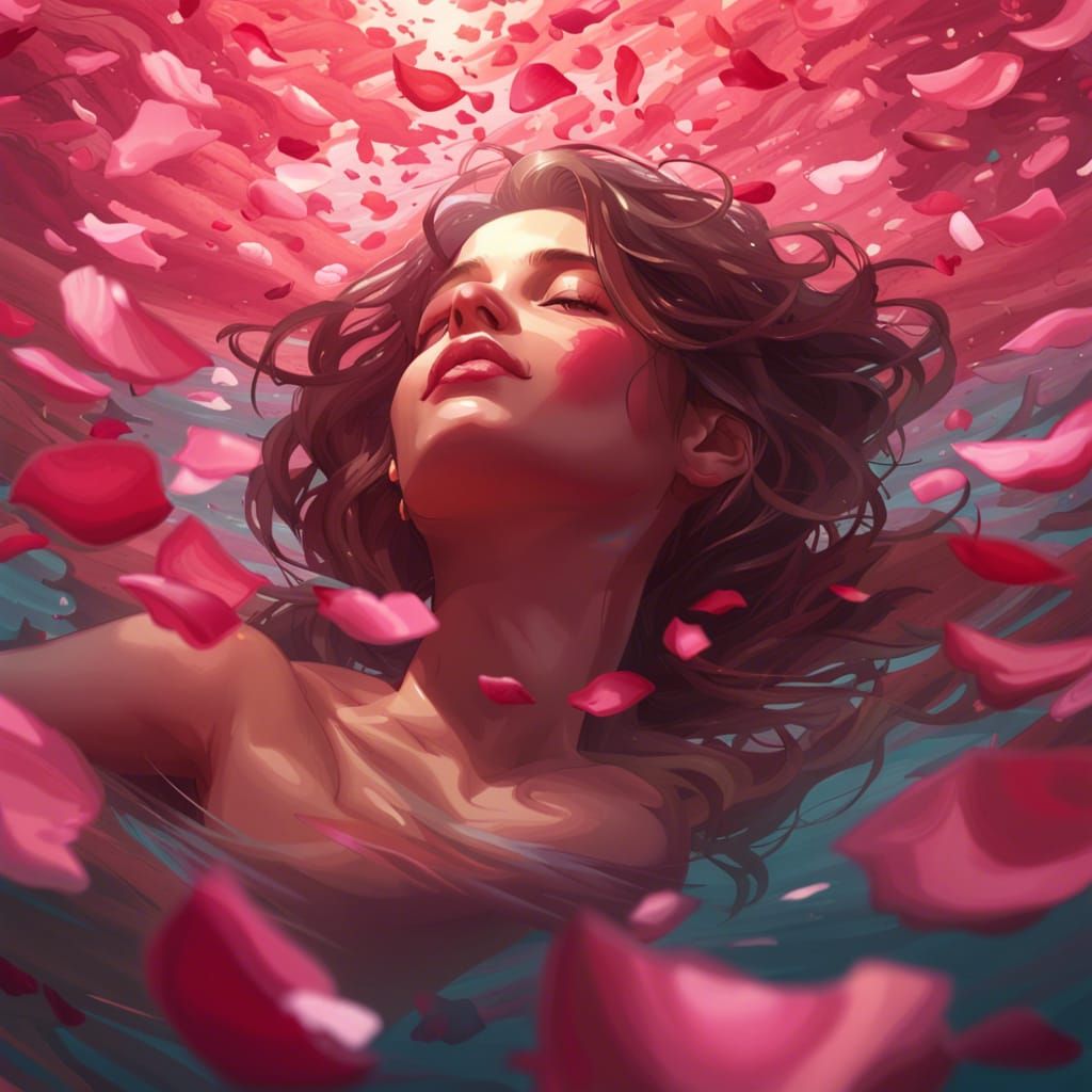 Girl Drowning in Rose Petals: Hyperdetailed Art
