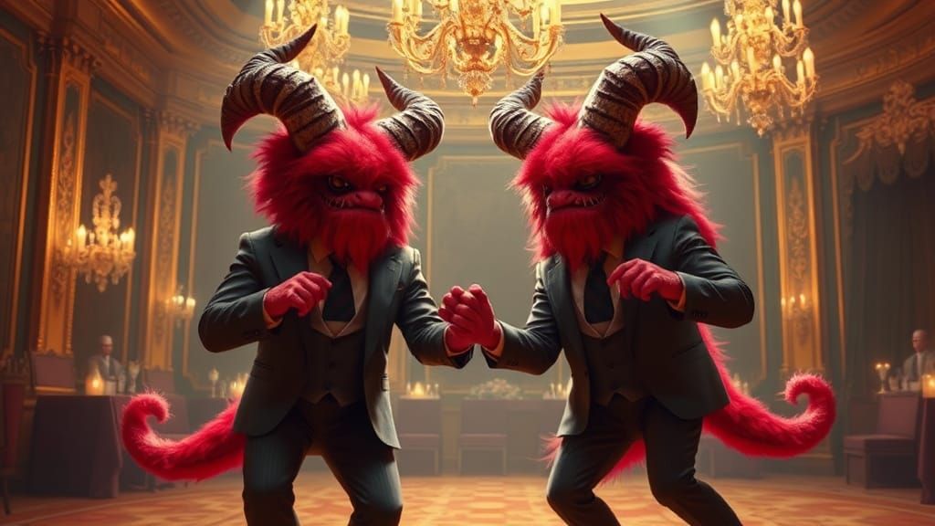 Monsters Ball: Red Horned Dancers in Golden Ballroom