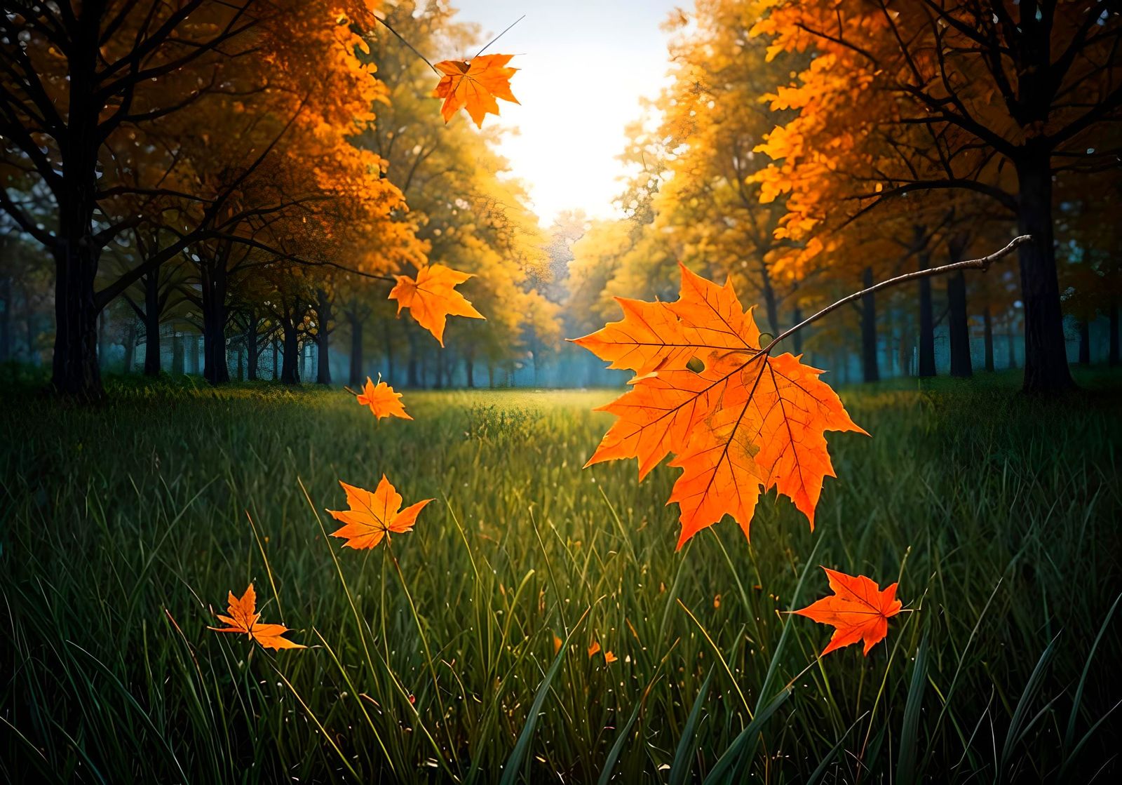 bright maple leaves falling from a branch of a maple tree on...